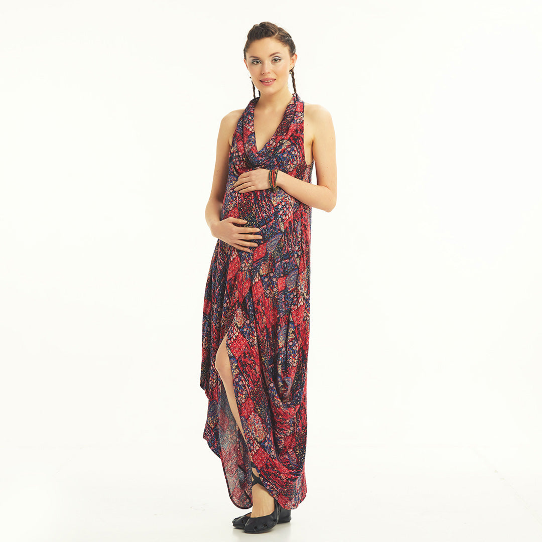 Bohemian Stylish Authentic Degaje Neck Red Patterned Maternity Dress