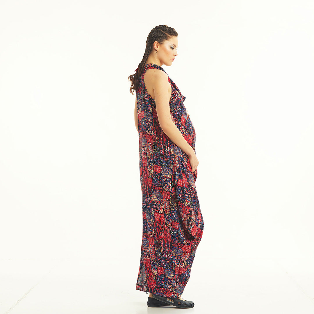 Bohemian Stylish Authentic Degaje Neck Red Patterned Maternity Dress
