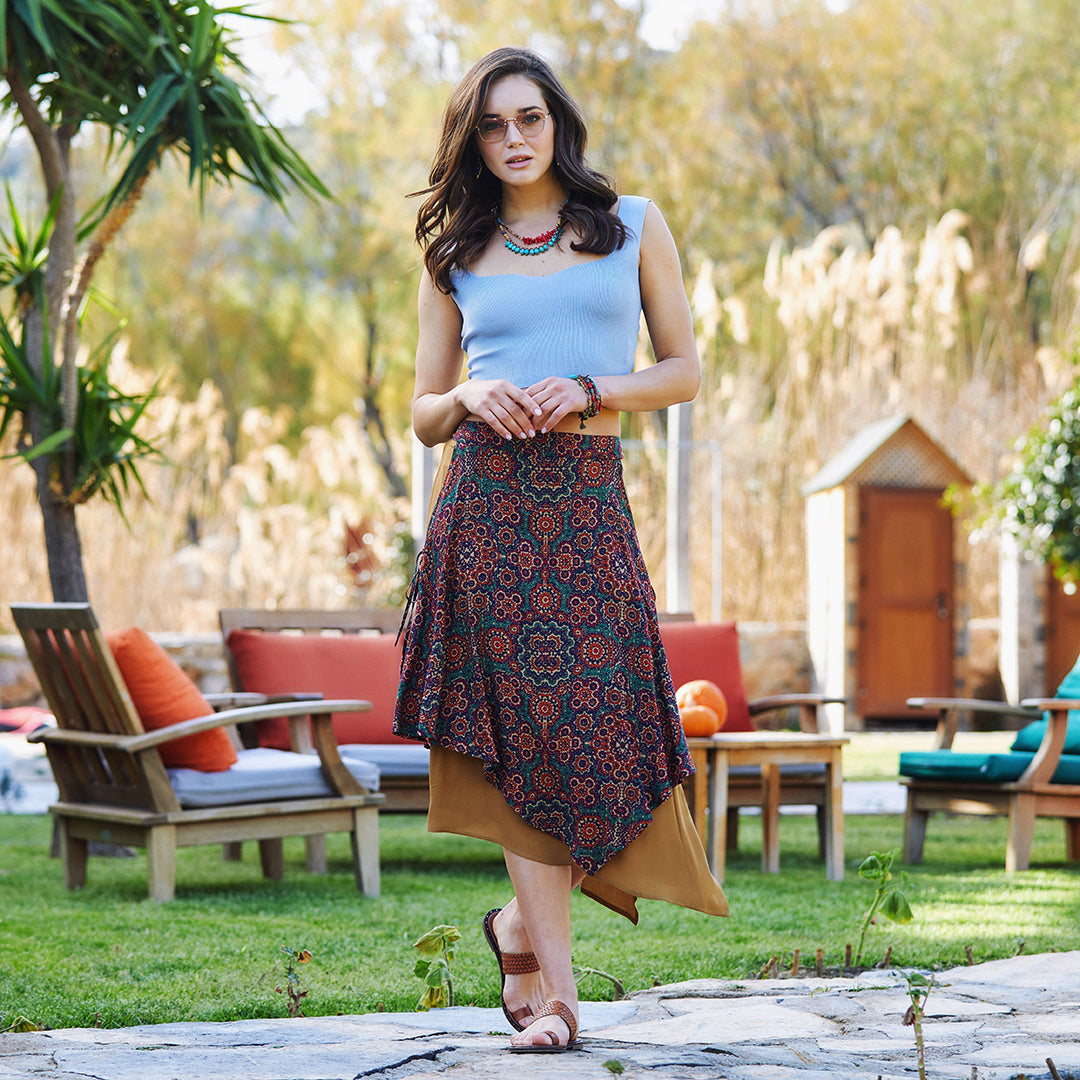 Retro Patterned Double Layered Midi Skirt