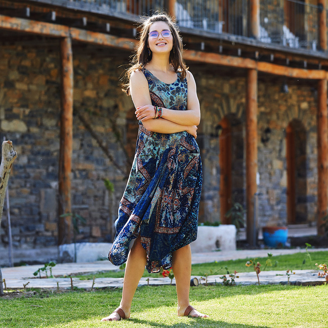 Blue Patterned Sleeveless Paisley Tie Waist Dress