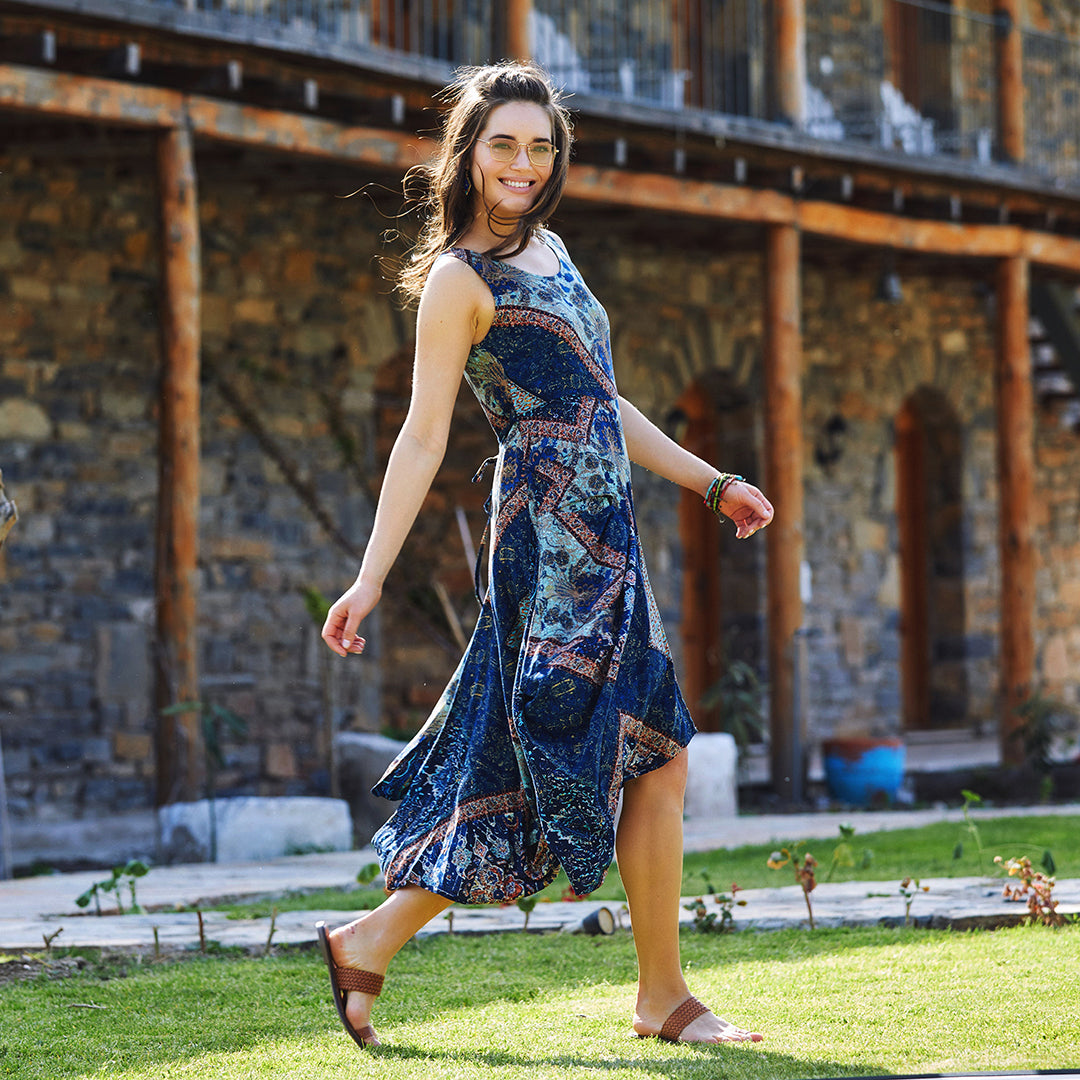 Blue Patterned Sleeveless Paisley Tie Waist Dress
