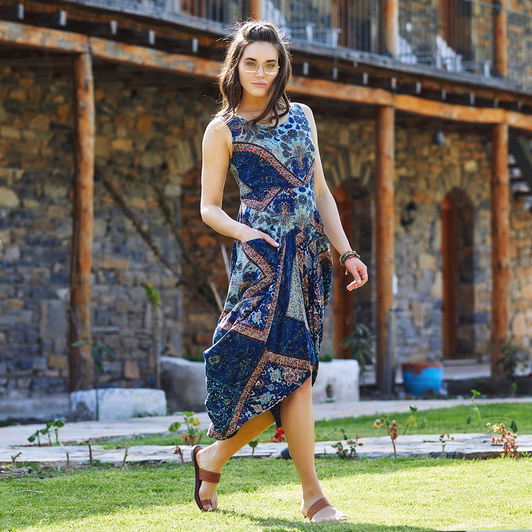 Blue Patterned Sleeveless Paisley Tie Waist Dress