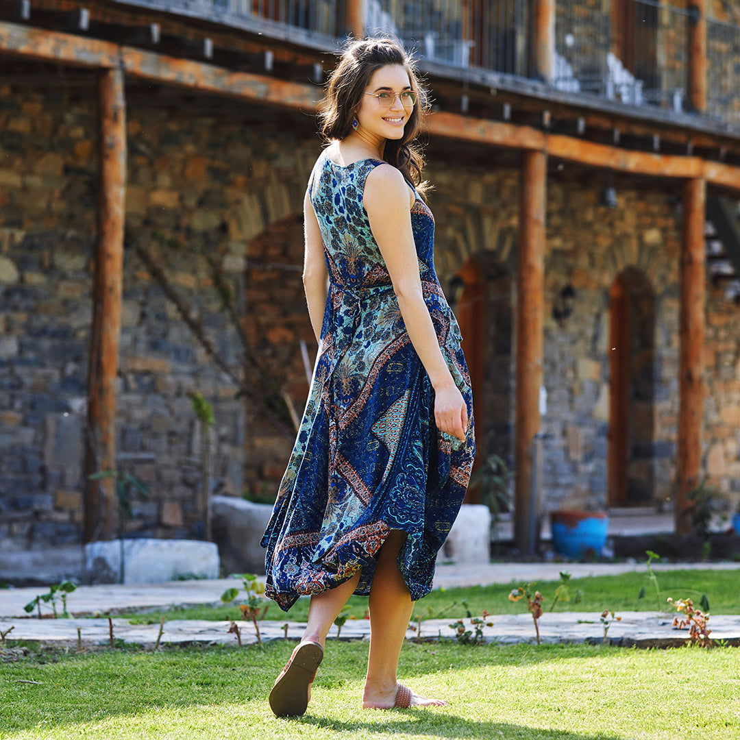 Blue Patterned Sleeveless Paisley Tie Waist Dress
