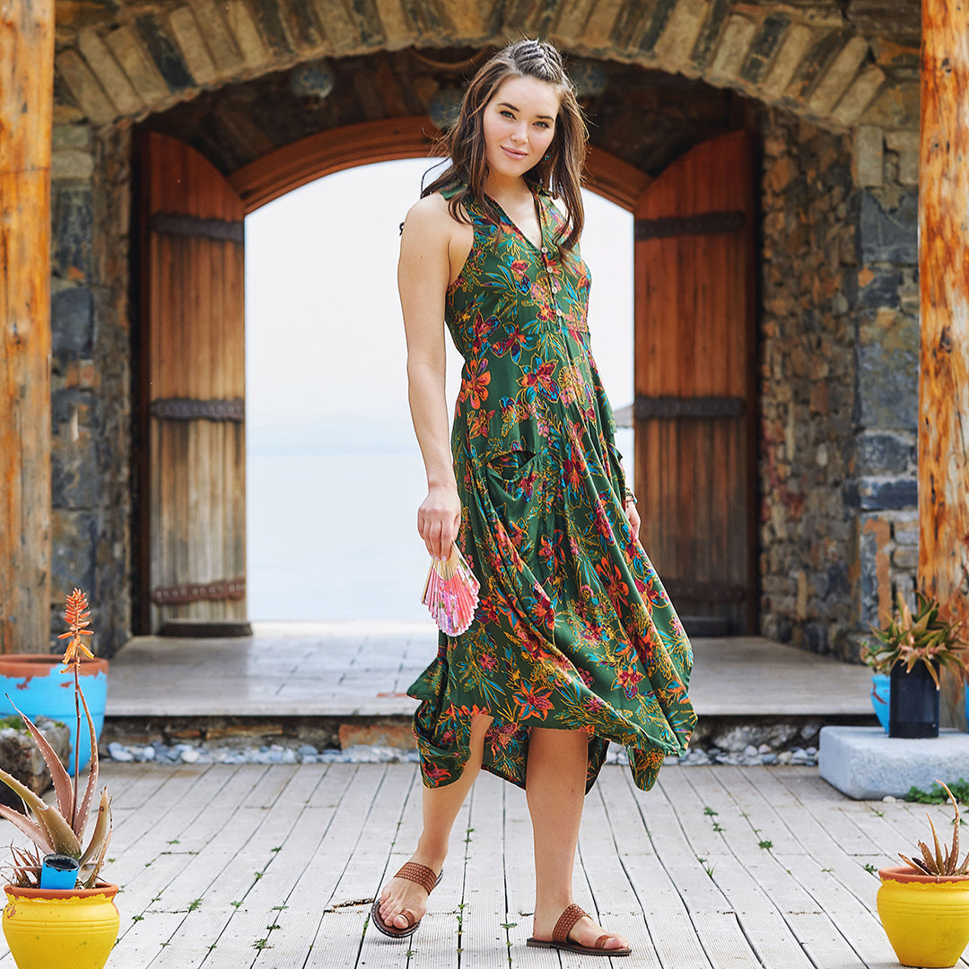 Green Shirt Collar Long Boho Dress