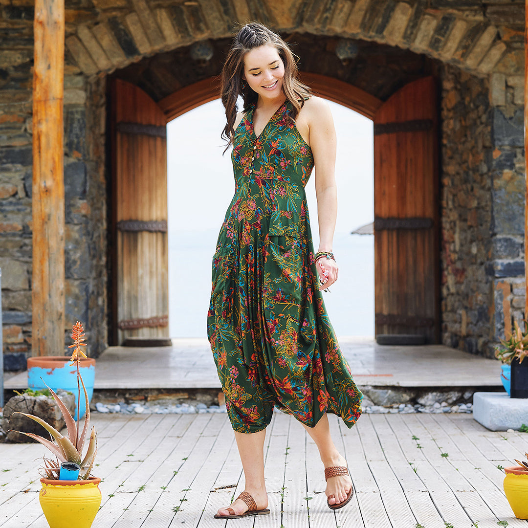 Green Shirt Collar Long Boho Dress