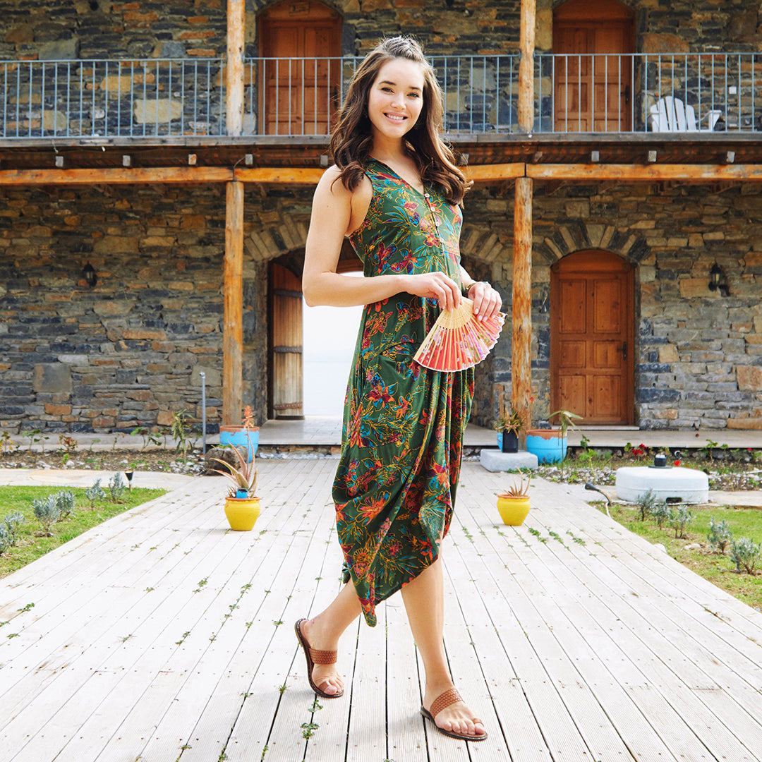 Green Shirt Collar Long Boho Dress