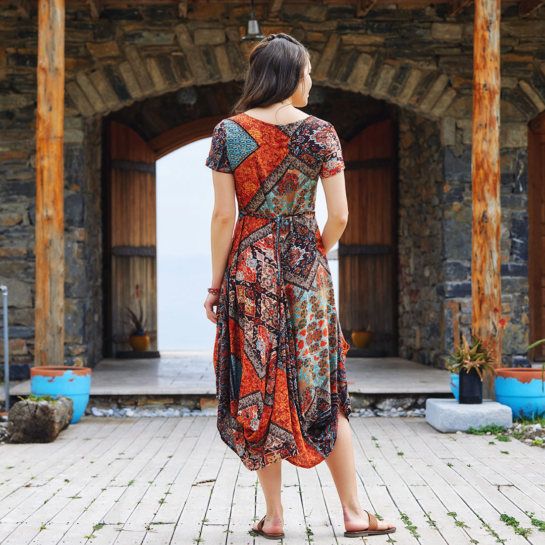 Brown Print Asymmetrical Hem Half Sleeve Bohemian Long Dress