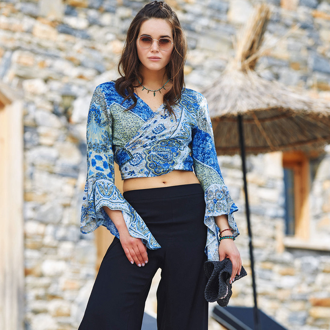 Blue Patterned Gypsy Style Bell Sleeve Crop Top