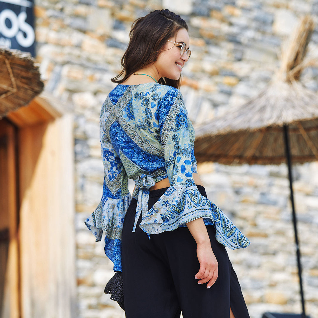 Blue Patterned Gypsy Style Bell Sleeve Crop Top