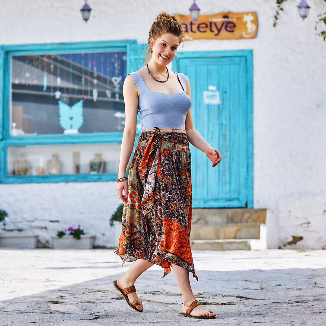 Brown Print Asymmetrical Hem Flowy Midi Skirt