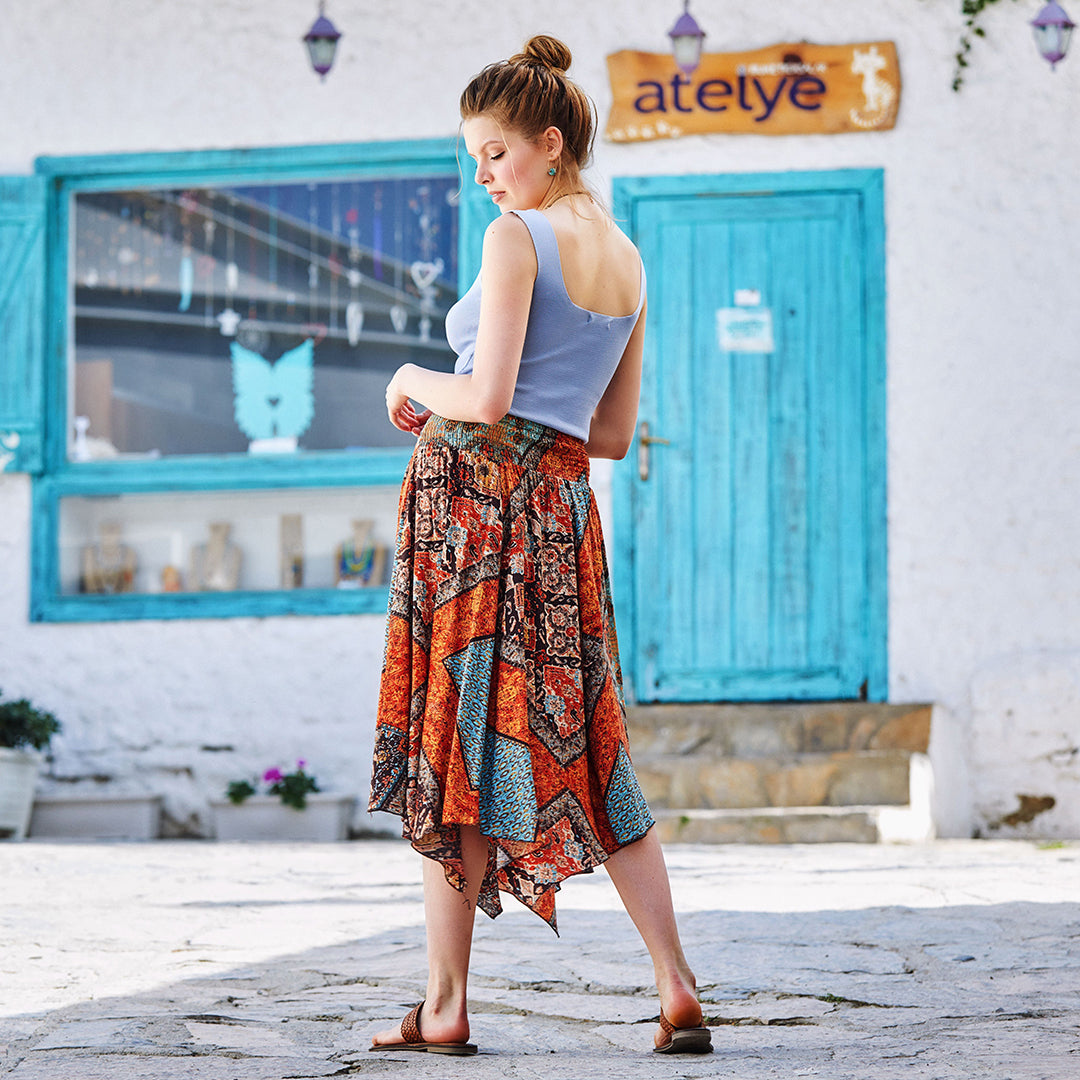 Brown Print Asymmetrical Hem Flowy Midi Skirt