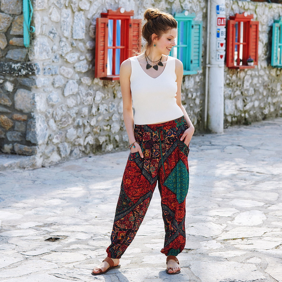 Ethnic Print Elastic Waist Boho Style Baggy Pants