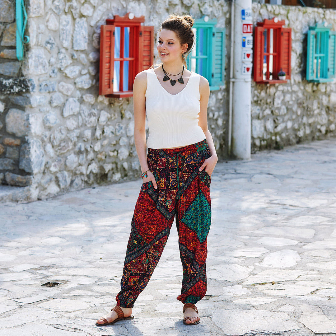 Ethnic Print Elastic Waist Boho Style Baggy Pants