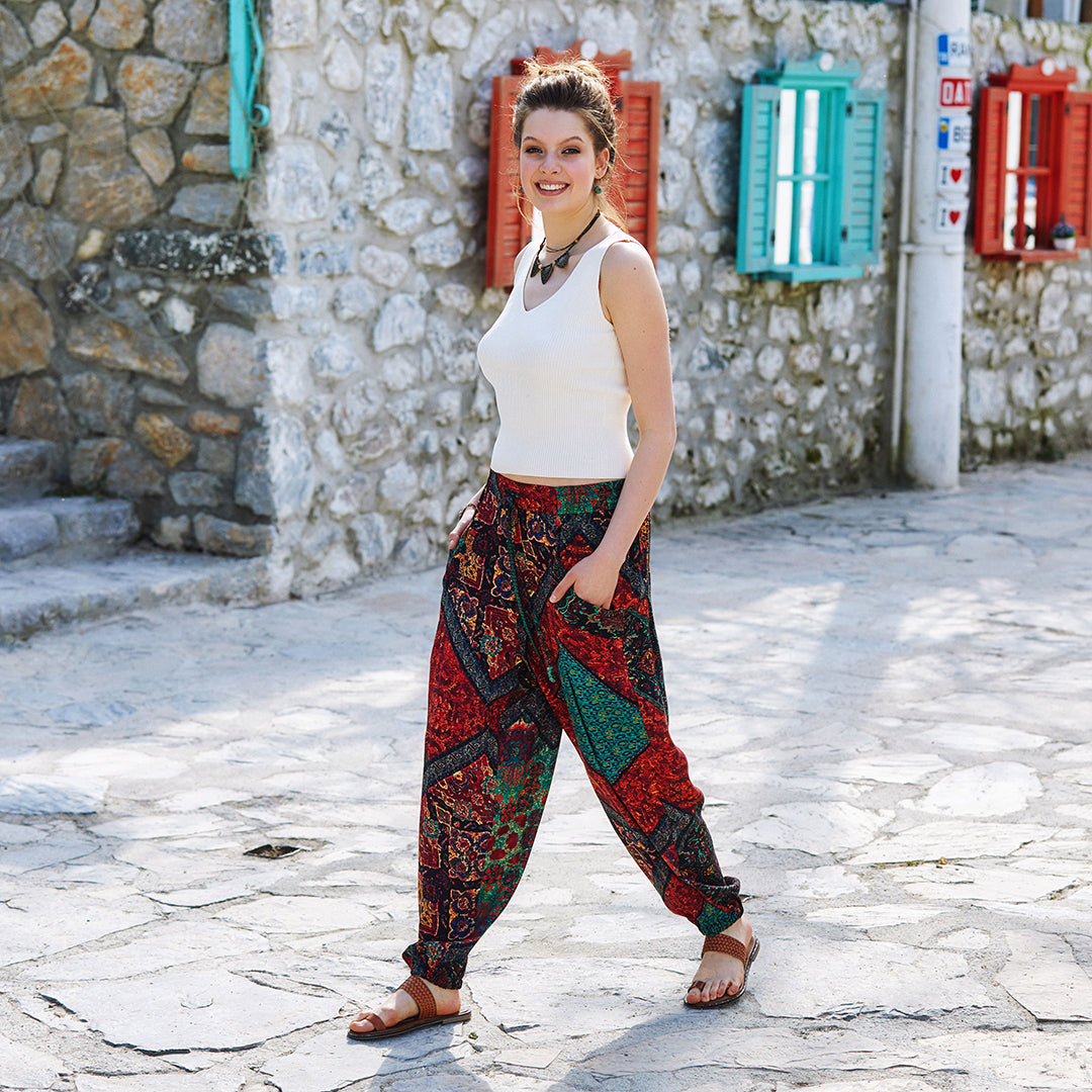 Ethnic Print Elastic Waist Boho Style Baggy Pants