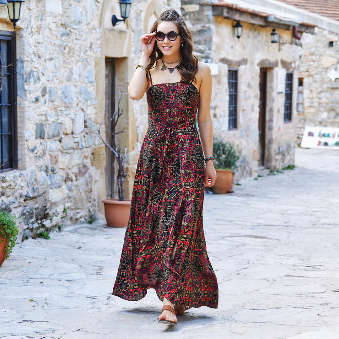 Ethnic Patterned Strappy Wrap Maxi Dress