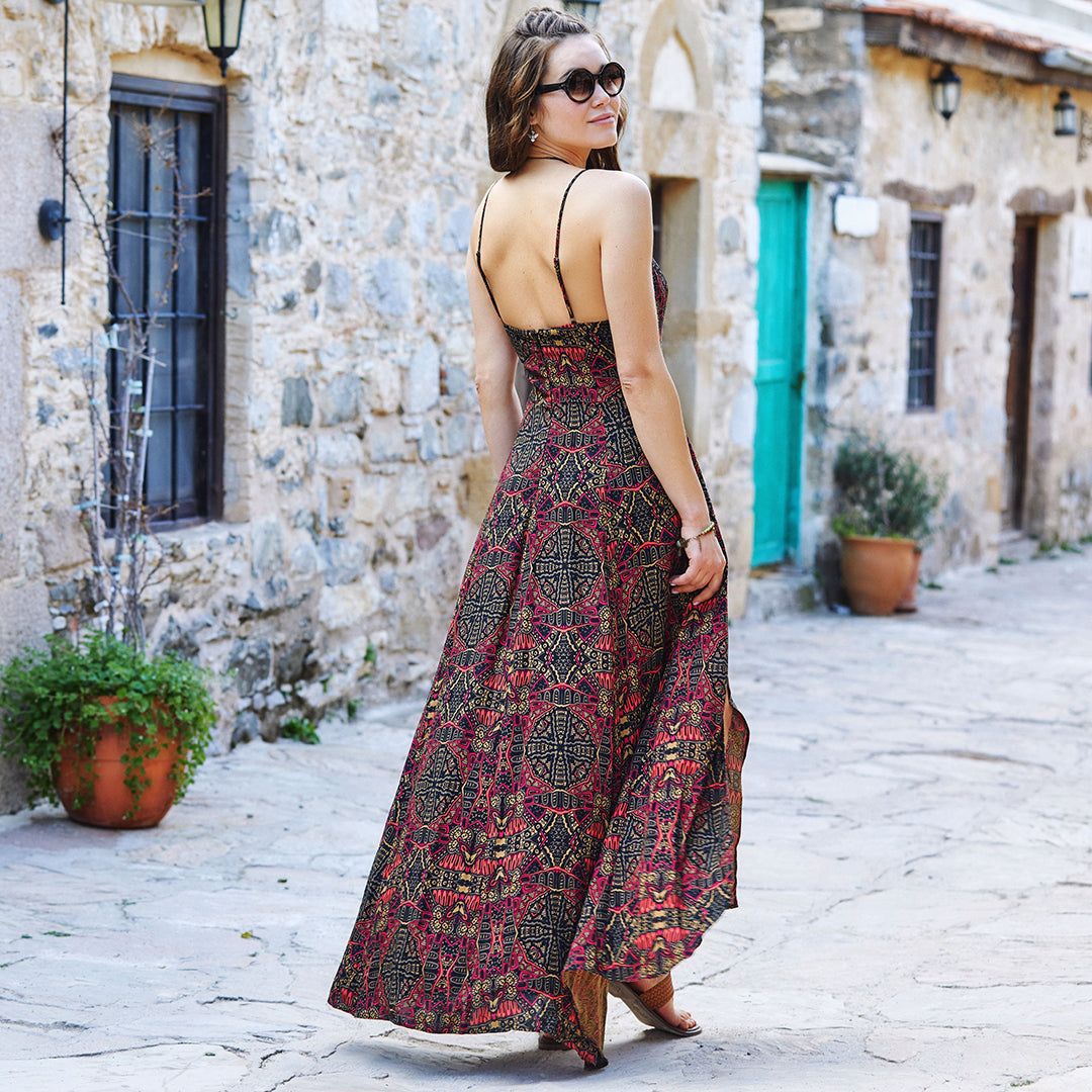 Ethnic Patterned Strappy Wrap Maxi Dress