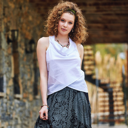 Degaje Neck Sleeveless White Authentic Blouse Top