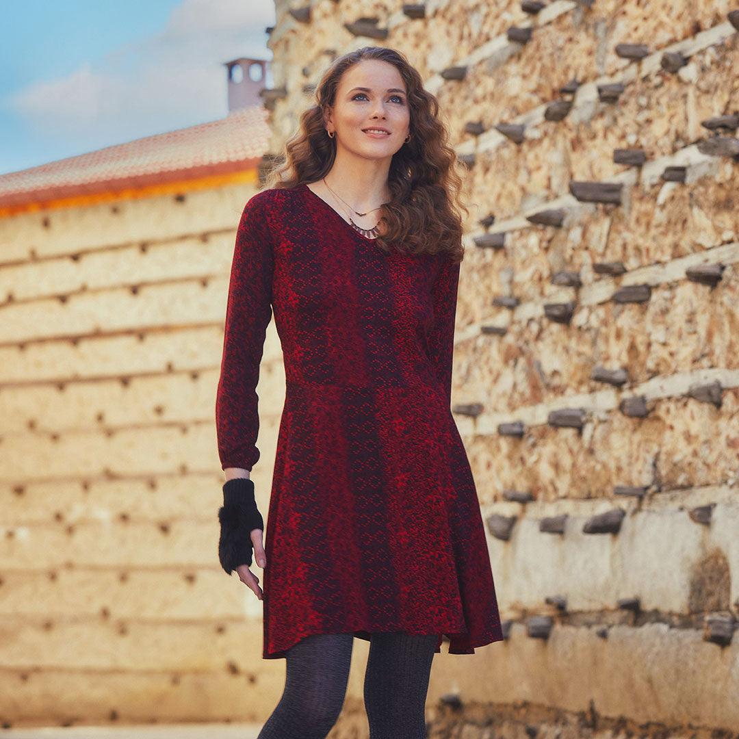 V Neck Sash Tie Midi Flared Red Dress