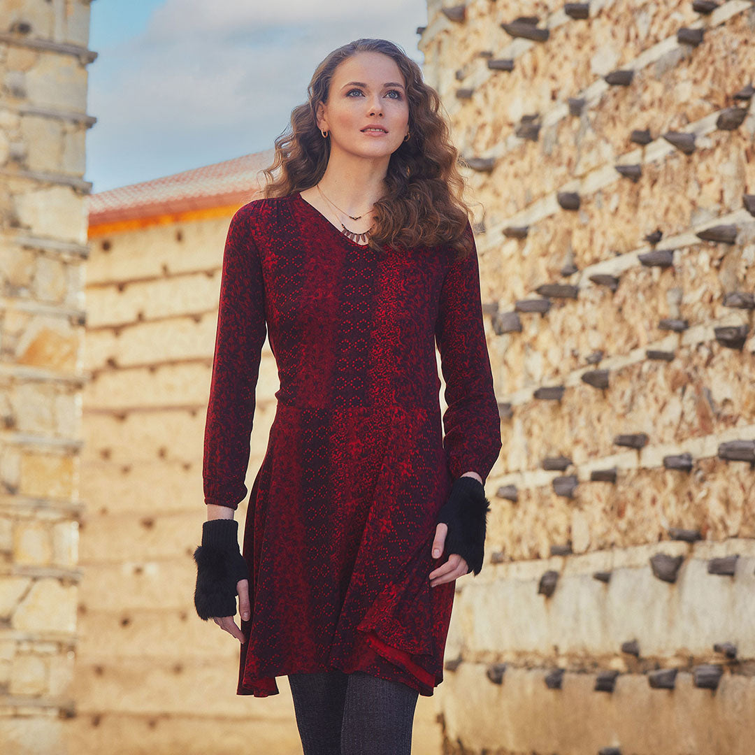 V Neck Sash Tie Midi Flared Red Dress