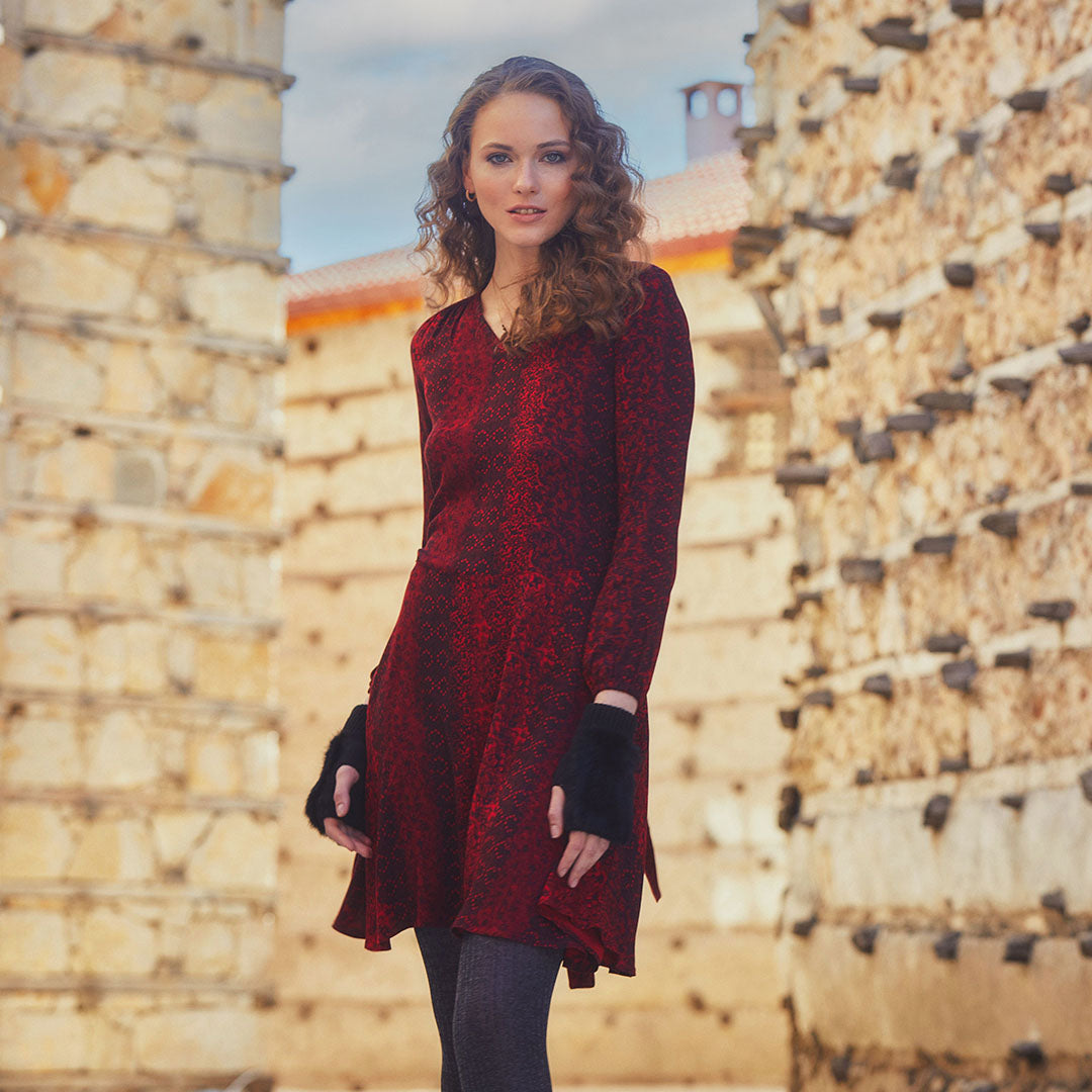 V Neck Sash Tie Midi Flared Red Dress
