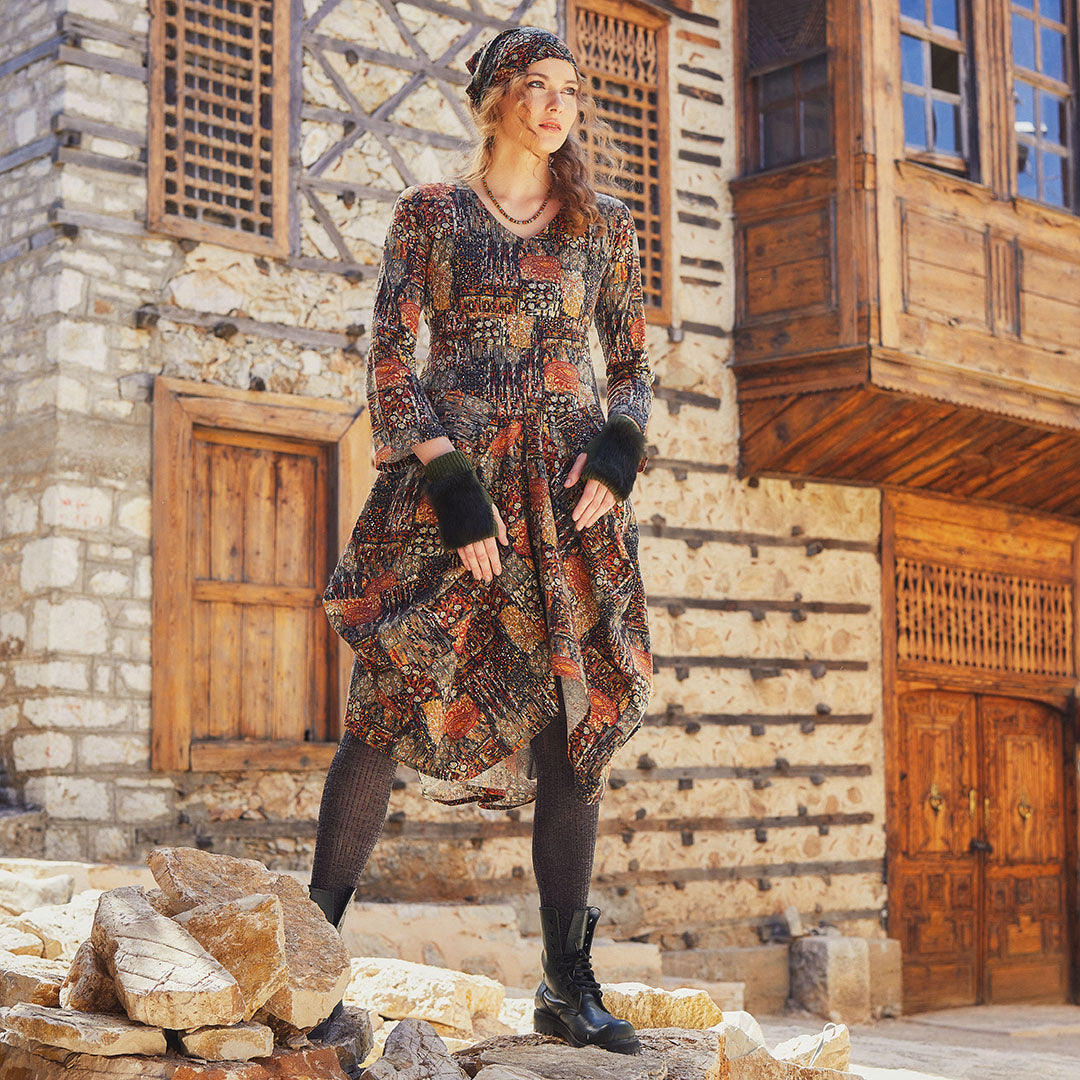 Khaki Printed V Neckline Long Sleeve Dress