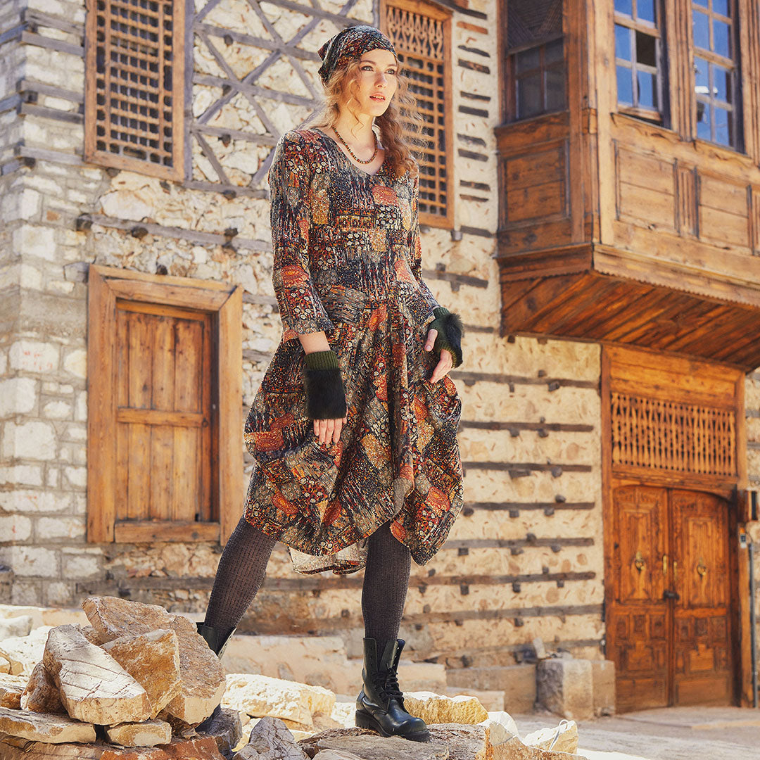 Khaki Printed V Neckline Long Sleeve Dress