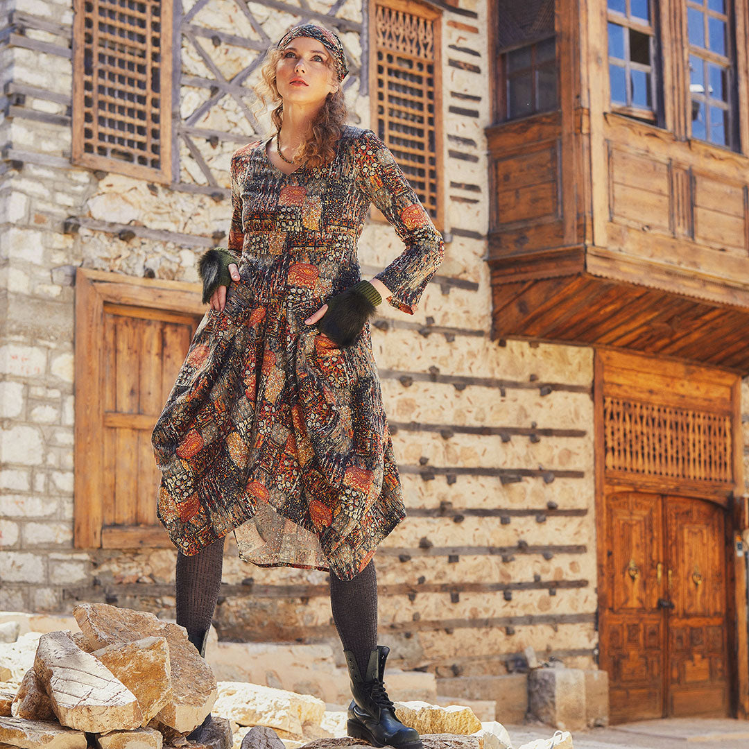 Khaki Printed V Neckline Long Sleeve Dress