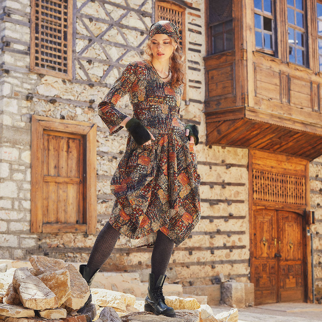 Khaki Printed V Neckline Long Sleeve Dress
