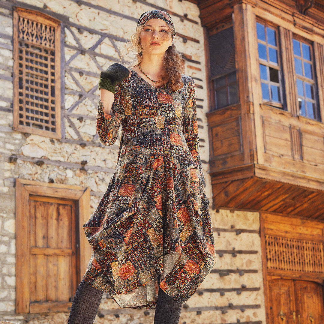 Khaki Printed V Neckline Long Sleeve Dress