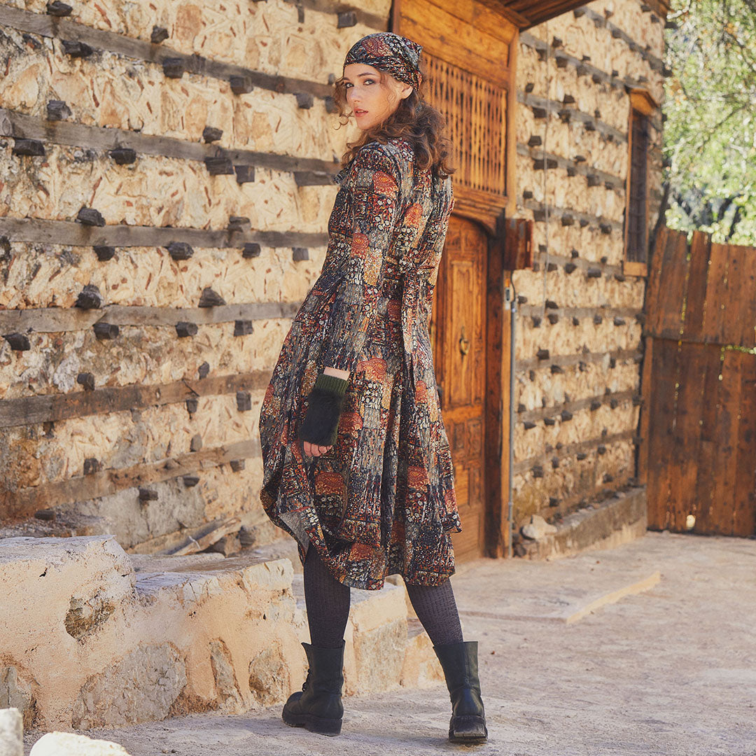 Khaki Printed V Neckline Long Sleeve Dress