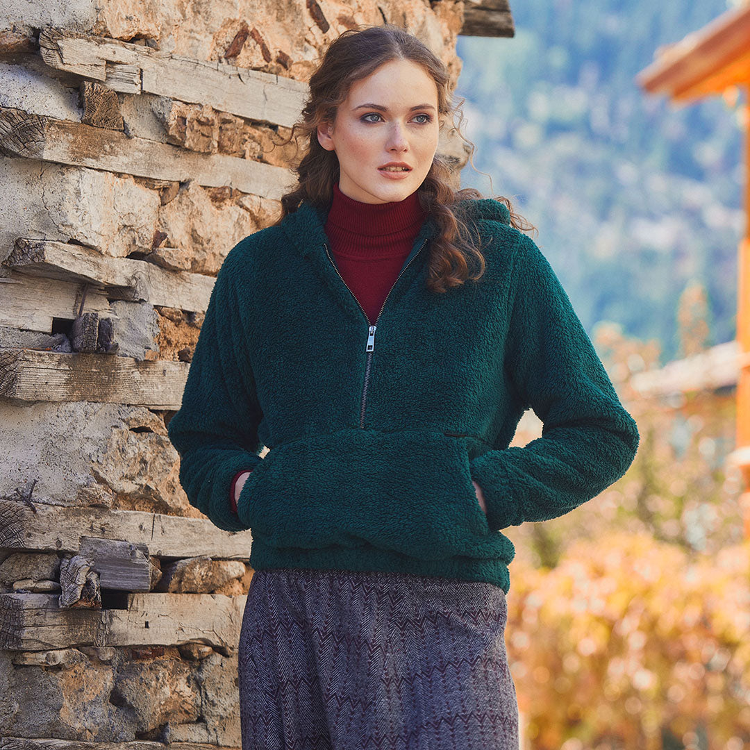 Kangaroo Pockets Hooded Green Plush Pullover Tops