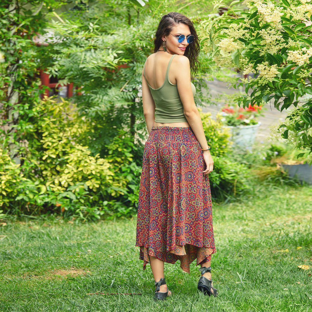 Retro Print Asymmetrical Hem Bohemian Style Flowy Midi Skirt