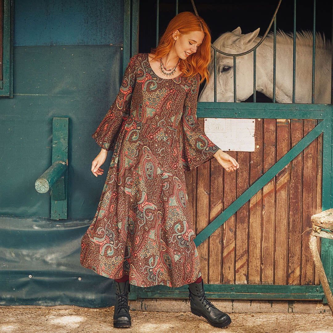 Ethnic Patterned Boat Neck Spanish Sleeve Women's Dress