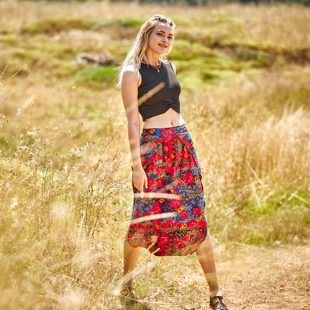 Ethnic Print Elastic Waist Red Capri Skirt Pants