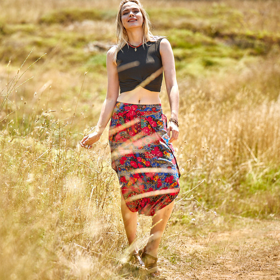 Ethnic Print Elastic Waist Red Capri Skirt Pants