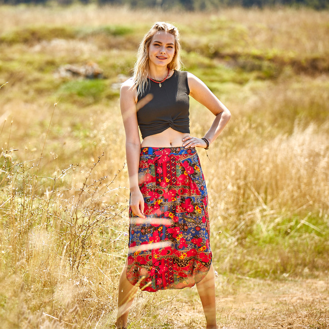 Ethnic Print Elastic Waist Red Capri Skirt Pants