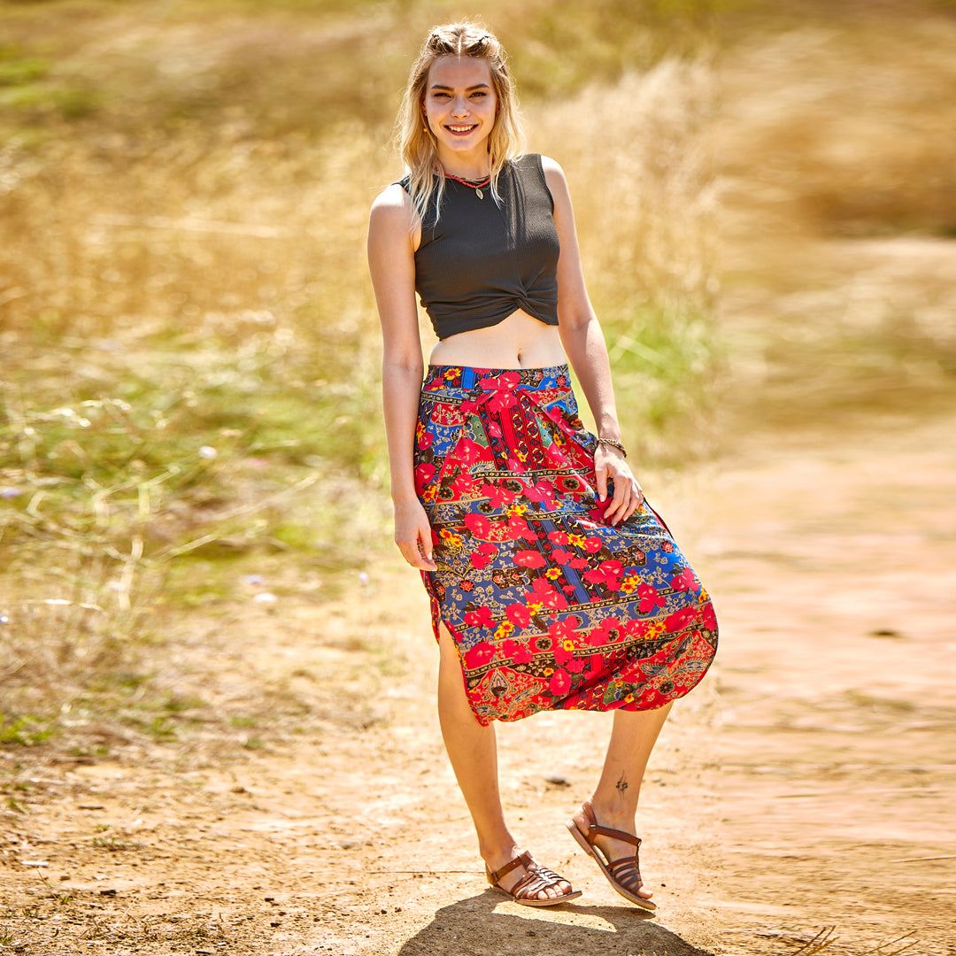 Ethnic Print Elastic Waist Red Capri Skirt Pants