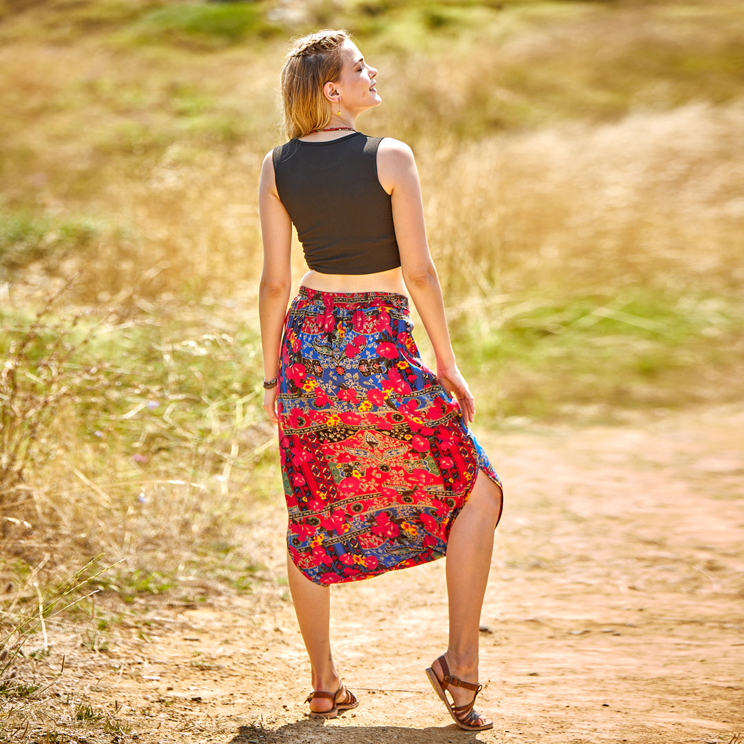 Ethnic Print Elastic Waist Red Capri Skirt Pants