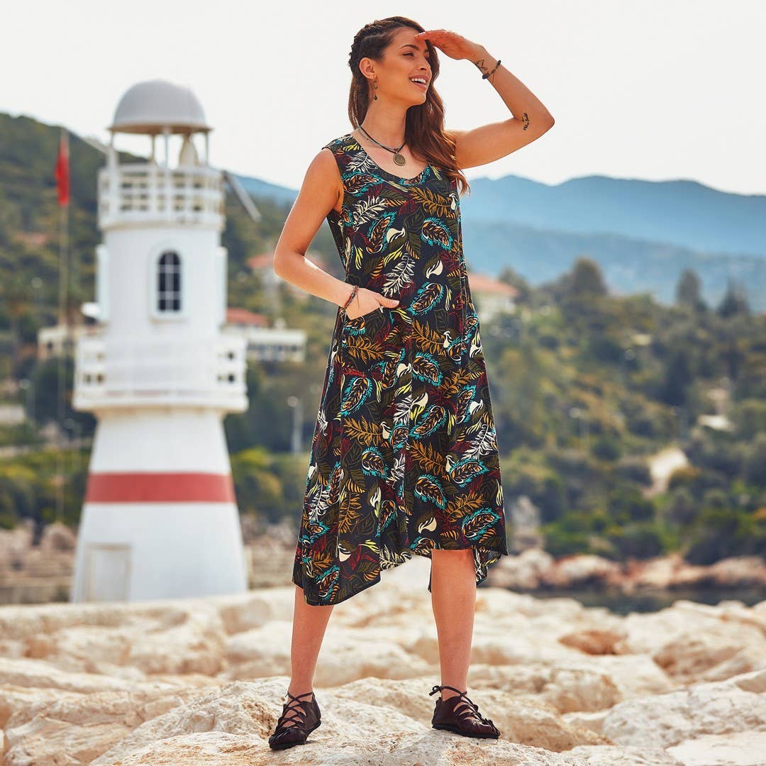 Amazon Print Binding Detail Sleeveless Black Dress