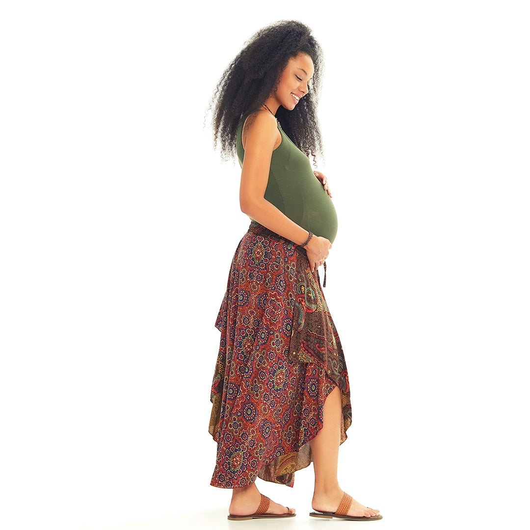 Ethnic Print Low Rise Brown Capri Skirt Maternity Pants