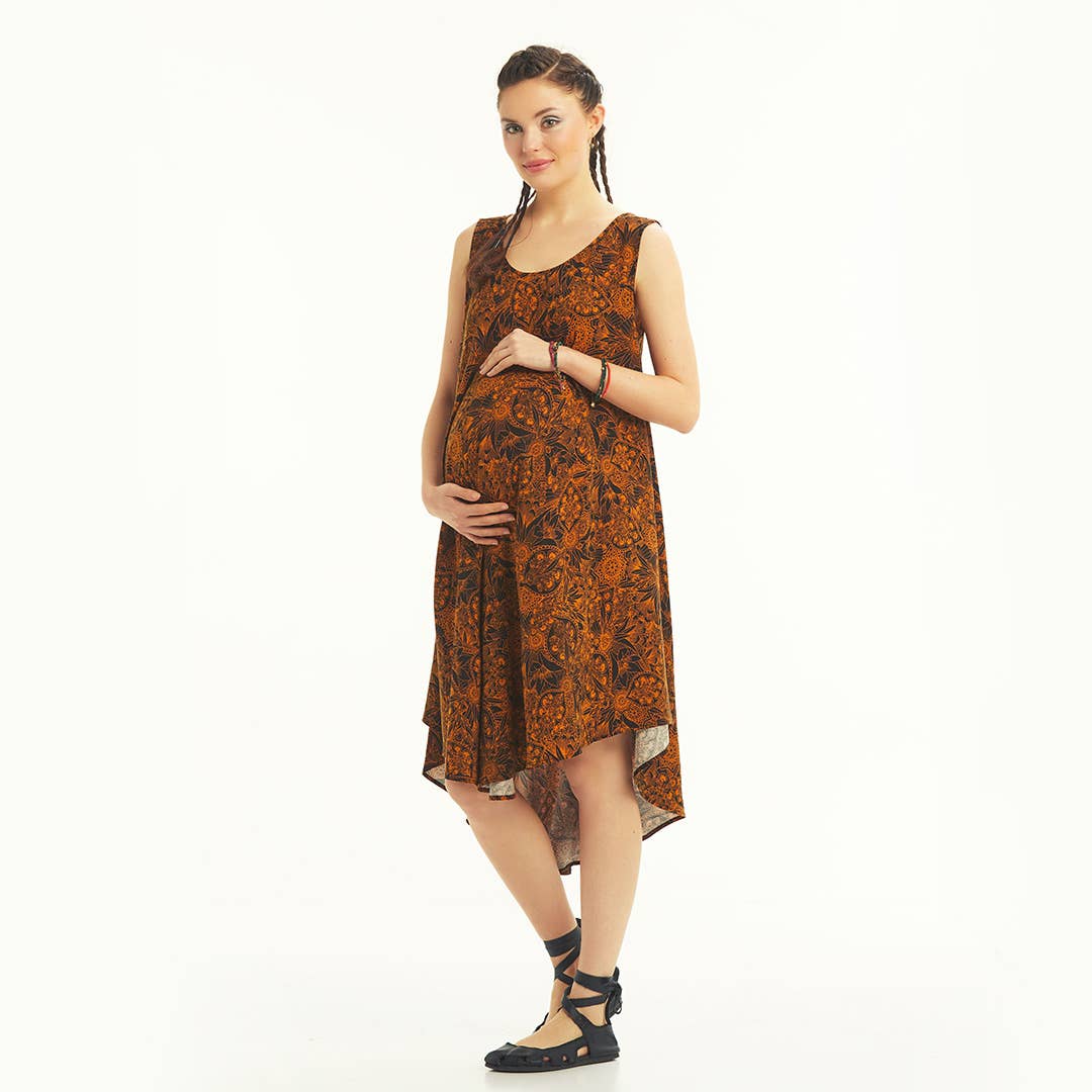 Orange Patterned Scoop Neck Hem Sleeveless Maternity Dress