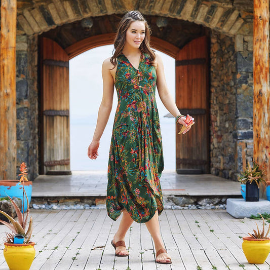 Green Shirt Collar Long Boho Dress