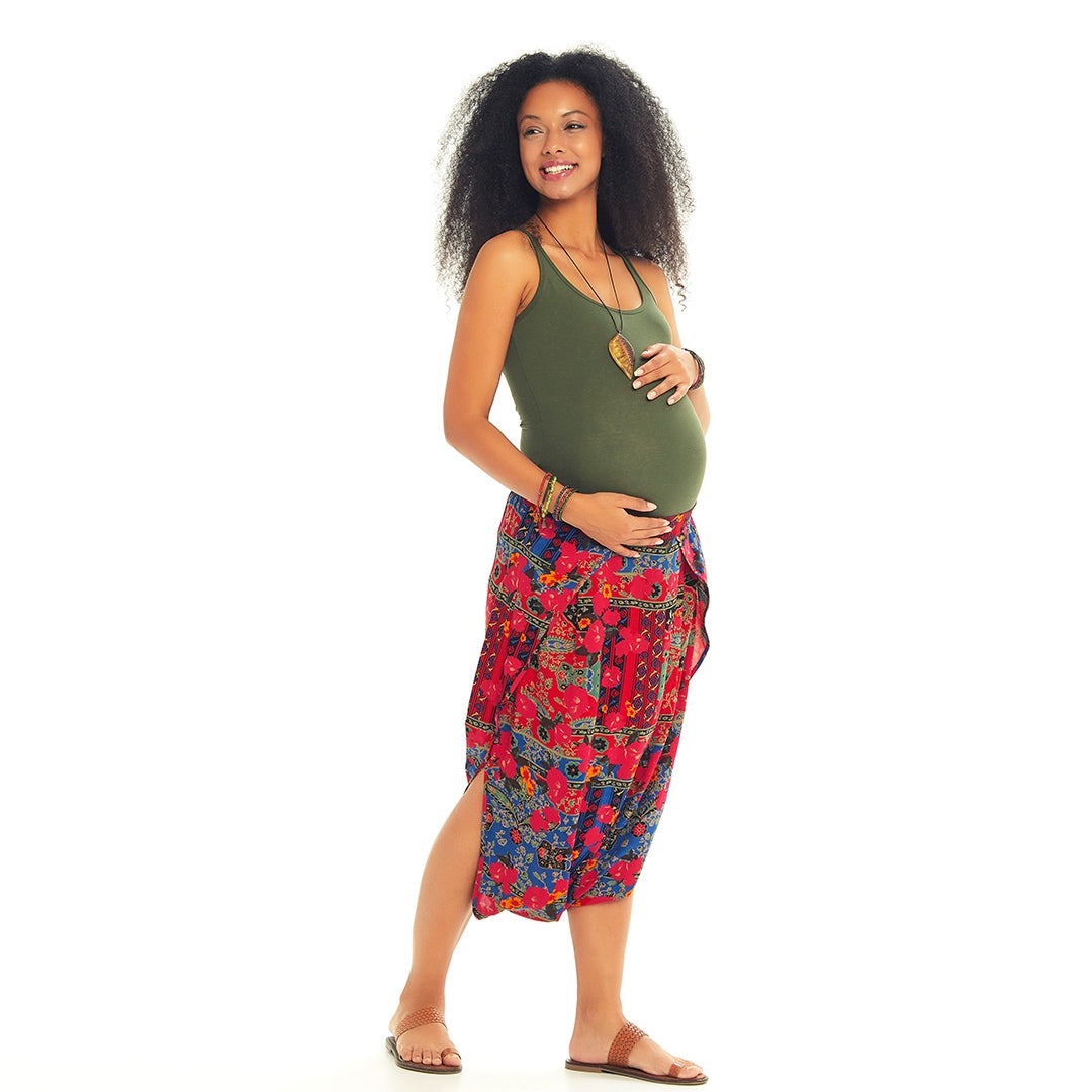 Ethnic Print Elastic Waist Red Capri Skirt Maternity Pants