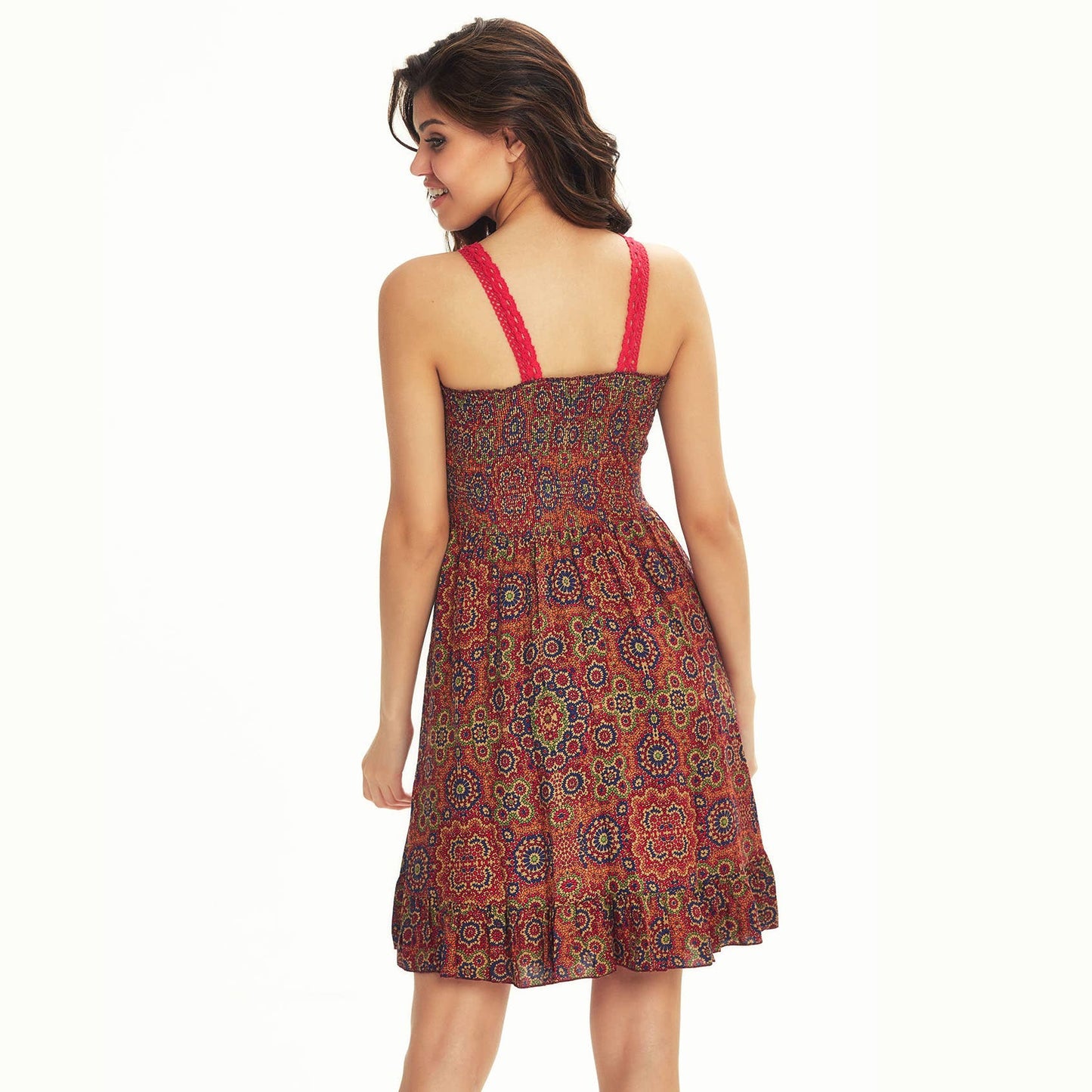 Retro Print Lace Straps Frill Hem Detail Sundress