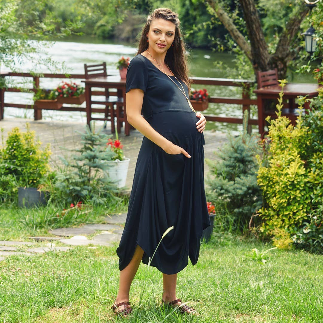 Half Sleeve Round Neck Black Long Bohemian Maternity Dress