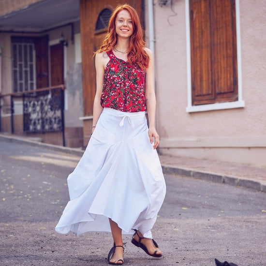 Oversized Pocket Detailed Tie Waist Boho Chic White Long Skirt