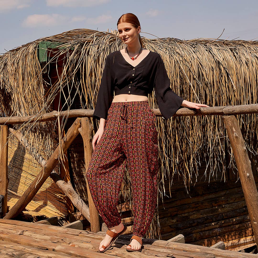 Orange Patterned Bohemian Style Flowy Baggy Trouser