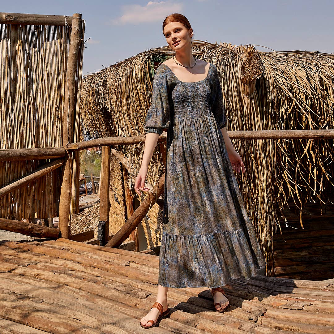 Long Petrol Patterned Summer Dress