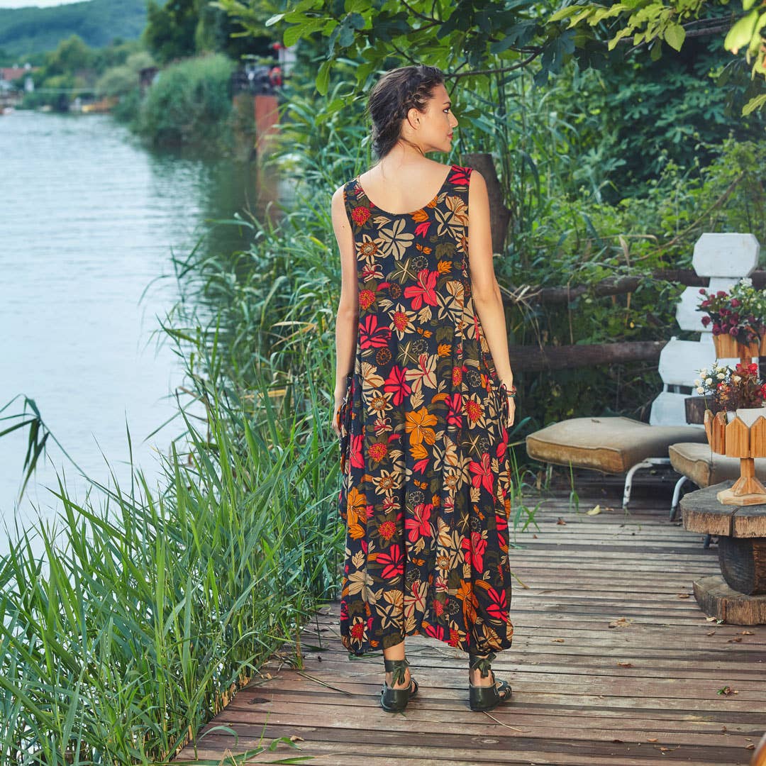 Floral Print Scoop Neck Loose Fit Black Maxi Dress