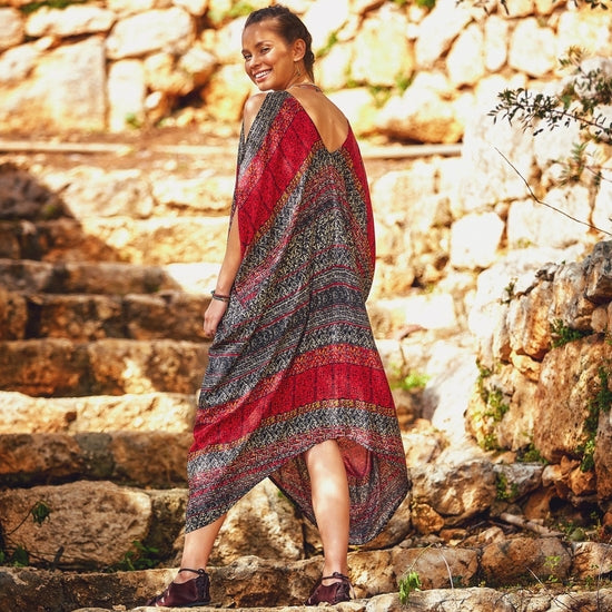 V Neck Cold Shoulder Loose Fit Gypsy Style Summer Dress